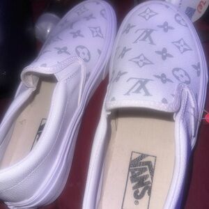 Never before worn Vans White Slip-On Shoes with Louis Vuitton pattern